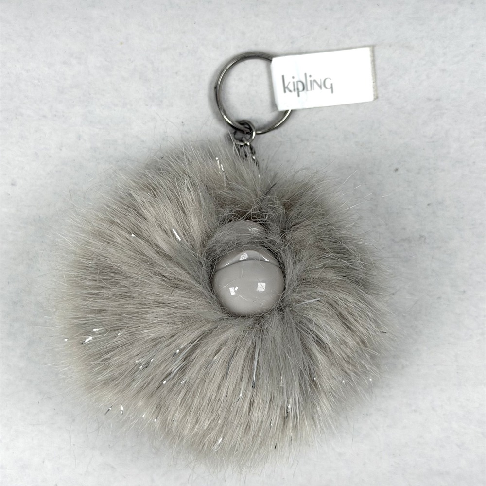 Kipling Pomp Monkey Keychain Gray/Silver Fluffy Pom Pom Bag Charm / New with Tag